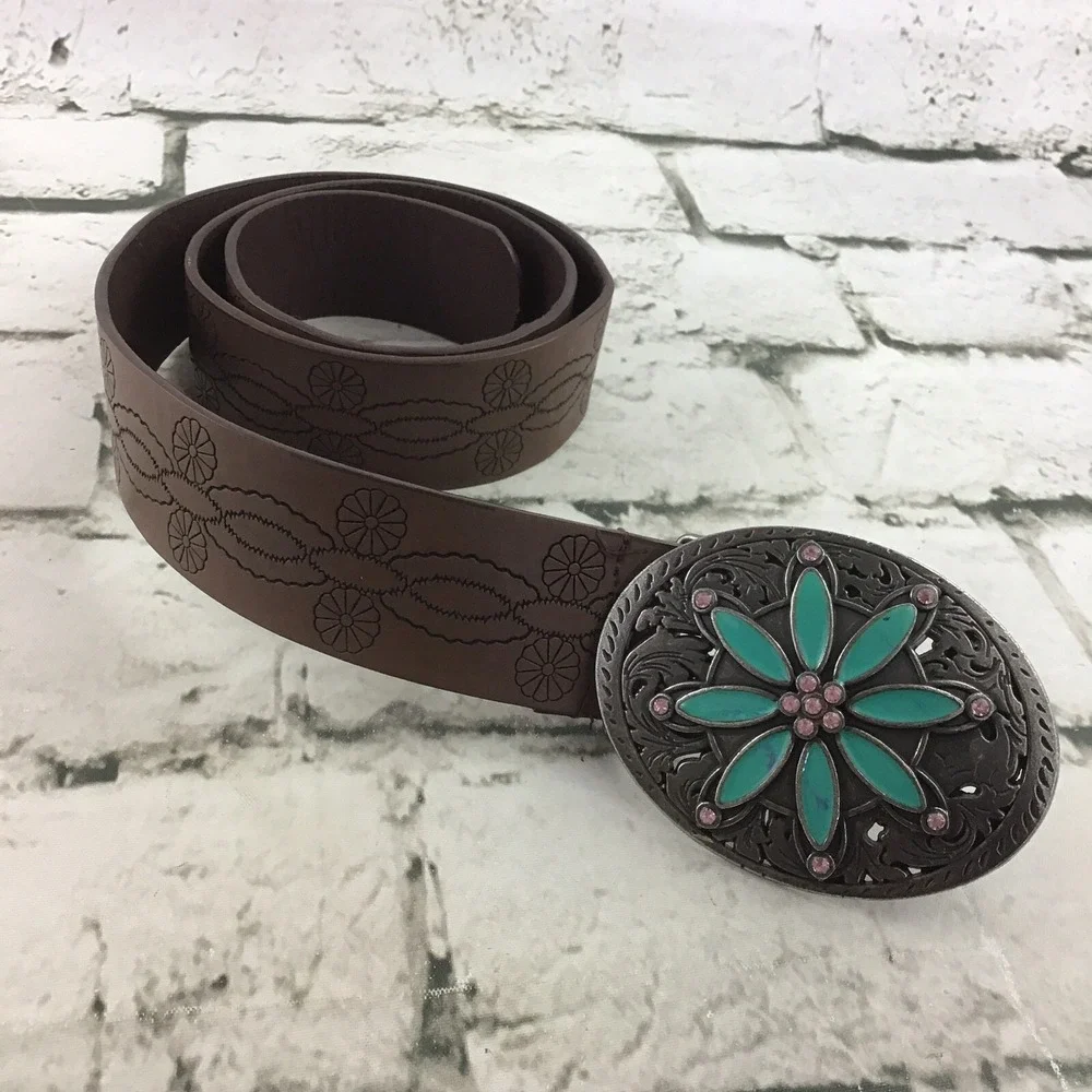 Womens Sz 3 Belt Brown Faux Leather Floral Turqoise Buckle Fashion Fits 27-31.5
